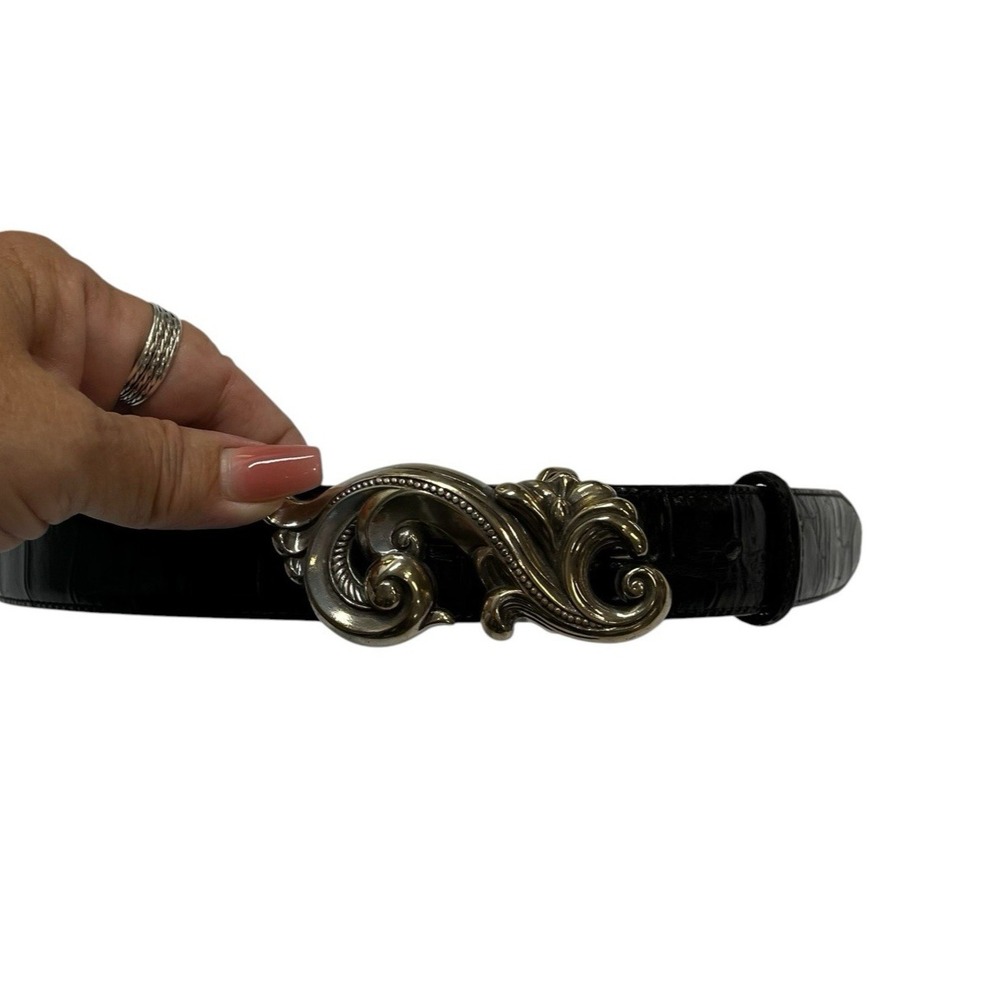 Vintage Brighton Belt Black Croc Leather Ornate Silver Scroll Buckle M 90s 36403